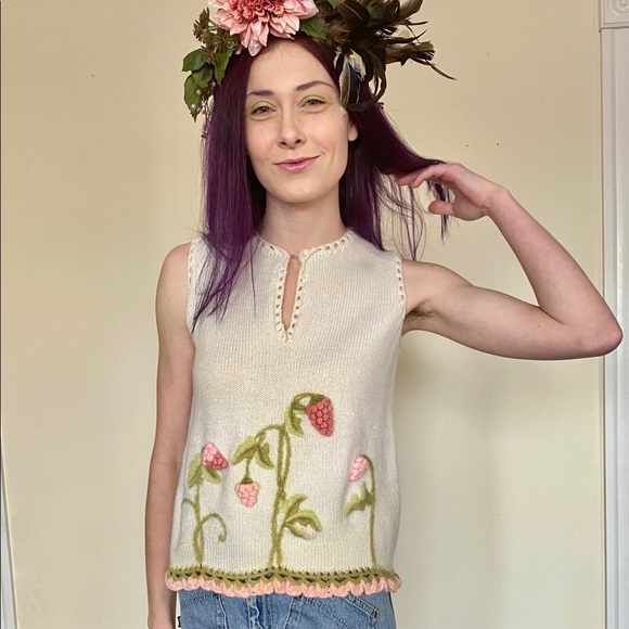 Vintage Sweaters - SOLD Cream Wool Knit Tank Sweater Pink Flower